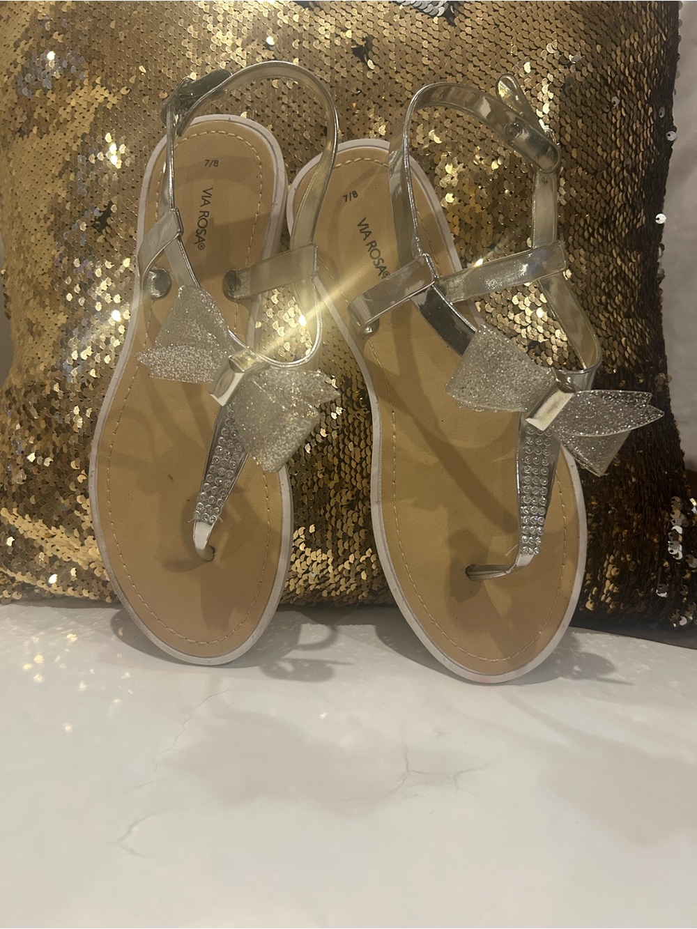 Silver Bow T-Strap Sandals - Silver